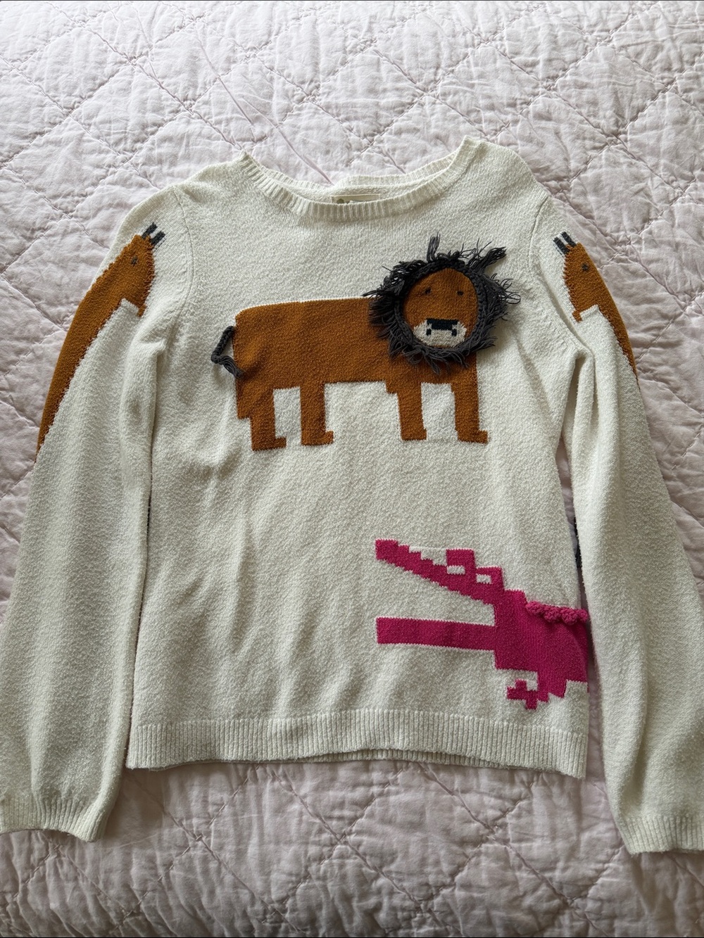 Tucker + Tate Cream Crewneck Sweater with Brown Lion & Pink Crocodile